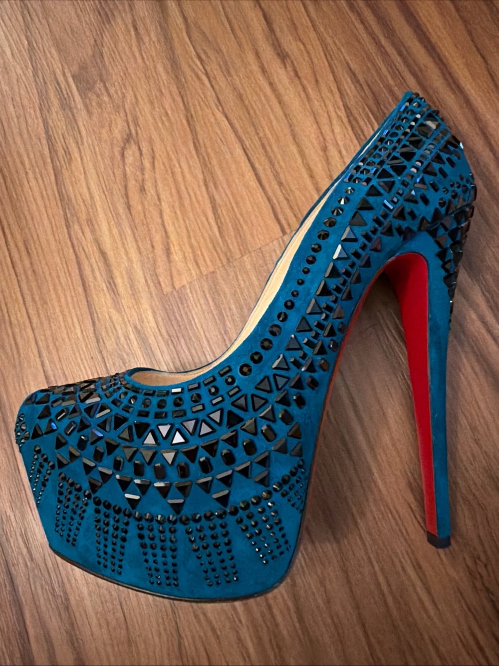 Christian Louboutin Decora Strass Teal Blue Suede Crystal Platform Pumps 38 - Picture 5 of 13